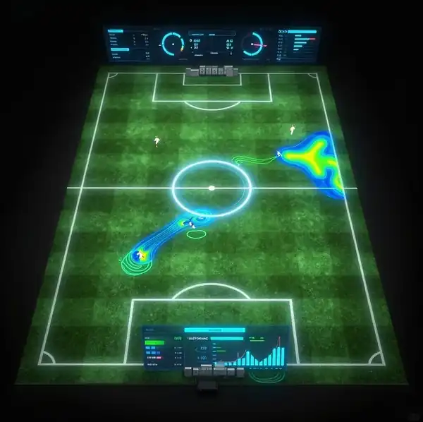 Campo da calcio con mappe di calore, traiettorie dei giocatori e grafici statistici